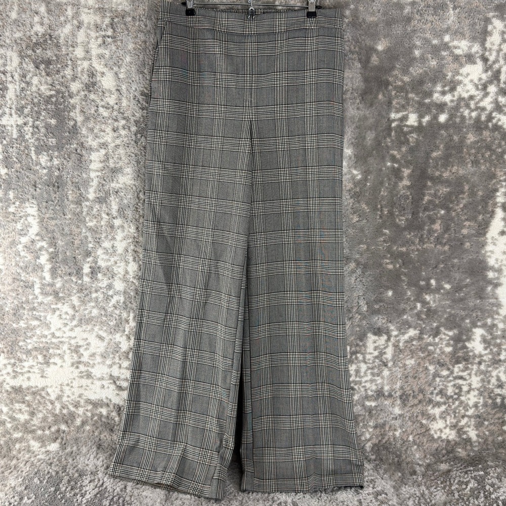 Nicole Miller Size 10 Plaid Wide Leg Trouser Pants Gray Full Length Women
